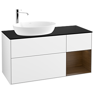 Villeroy und Boch Finion Waschtischunterschrank F932GNGF 120cm, Abdeckplatte black matt, Regale Walnut Veneer, Glossy white lacquer