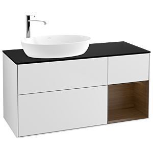 Villeroy und Boch Finion Waschtischunterschrank F932GNMT 120cm, Abdeckplatte black matt, Regale Walnut Veneer, White matt lacquer