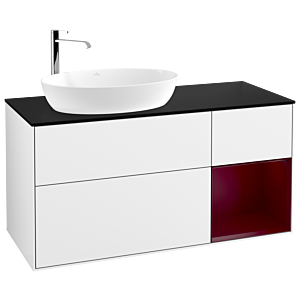Villeroy und Boch Finion Waschtischunterschrank F932HBGF 120cm, Abdeckplatte black matt, Regale Peony matt lacquer, Glossy white lacquer