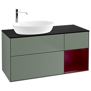 Villeroy und Boch Finion Waschtischunterschrank F932HBGM 120cm, Abdeckplatte black matt, Regale Peony matt lacquer, Olive Matt Lacquer