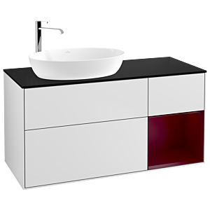 Villeroy et Boch Finion Villeroy et Boch F932HBMT 120cm, plaque de recouvrement noire mate, étagères Peony laqué mat, laqué blanc mat