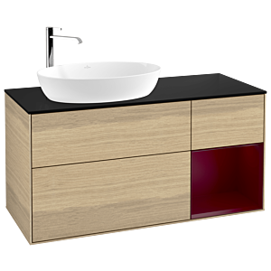 Villeroy und Boch Finion Waschtischunterschrank F932HBPC 120cm, Abdeckplatte black matt, Regale Peony matt lacquer, Oak Veneer