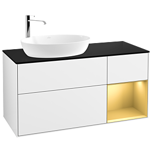 Villeroy und Boch Finion Waschtischunterschrank F932HFGF 120cm, Abdeckplatte black matt, Regale Gold matt lacquer, Glossy white lacquer