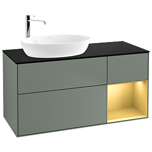 Villeroy und Boch Finion Waschtischunterschrank F932HFGM 120cm, Abdeckplatte black matt, Regale Gold matt lacquer, Olive Matt Lacquer