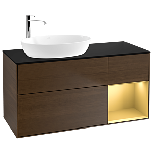 Villeroy und Boch Finion Waschtischunterschrank F932HFGN 120cm, Abdeckplatte black matt, Regale Gold matt lacquer, Walnut veneer