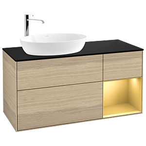 Villeroy und Boch Finion Waschtischunterschrank F932HFPC 120cm, Abdeckplatte black matt, Regale Gold matt lacquer, Oak Veneer