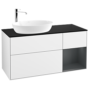 Villeroy und Boch Finion Waschtischunterschrank F932HGGF 120cm, Abdeckplatte black matt, Regale Midnight matt lacquer, Glossy white lacquer