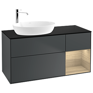 Villeroy und Boch Finion Waschtischunterschrank F932PCHG 120cm, Abdeckplatte black matt, Regale Oak Veneer, Midnight Blue Matt Lacquer