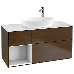 Villeroy et Boch Finion Villeroy et Boch F941GFGN 120cm, plaque de recouvrement blanc mat, étagères Laque blanc brillant, placage noyer