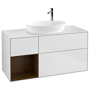 Villeroy und Boch Finion Waschtischunterschrank F941GNMT 120cm, Abdeckplatte white matt, Regale Walnut Veneer, White matt lacquer