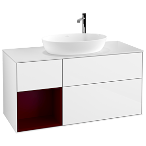 Villeroy et Boch Finion Villeroy et Boch F941HBGF 120cm, plaque de recouvrement blanc mat, étagères Peony laqué mat, laqué blanc brillant