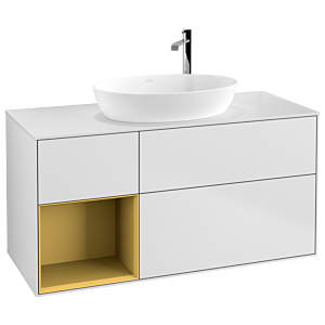 Villeroy und Boch Finion Waschtischunterschrank F941HFMT 120cm, Abdeckplatte white matt, Regale Gold matt lacquer, White matt lacquer