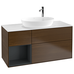 Villeroy et Boch Finion Villeroy et Boch F941HGGN 120cm, plaque de finition blanc mat, étagères laqué mat minuit, placage noyer