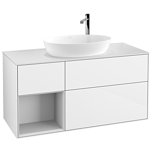 Villeroy und Boch Finion Waschtischunterschrank F941MTGF 120cm, Abdeckplatte white matt, Regale White matt lacquer, Glossy white lacquer