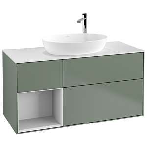 Villeroy et Boch Finion Villeroy et Boch F941MTGM 120cm, plaque de recouvrement blanc mat, étagères laqué blanc mat, Olive Matt Lacquer