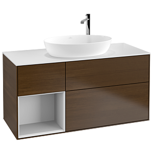 Villeroy et Boch Finion Villeroy et Boch F941MTGN 120cm, plaque de recouvrement blanc mat, étagères laqué blanc mat, placage noyer