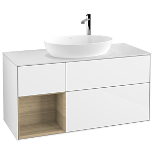 Villeroy et Boch Finion Villeroy et Boch F941PCGF 120cm, plaque de recouvrement blanc mat, étagères Oak Veneer , laqué blanc brillant