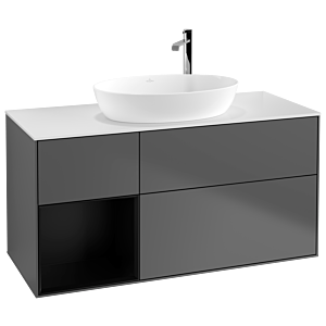 Villeroy und Boch Finion Waschtischunterschrank F941PDGK 120cm, Abdeckplatte white matt, Regale Black matt lacquer, Anthracite matt