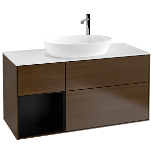Villeroy und Boch Finion Waschtischunterschrank F941PDGN 120cm, Abdeckplatte white matt, Regale Black matt lacquer, Walnut veneer