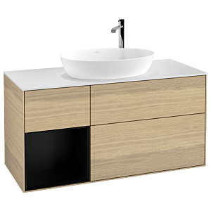 Villeroy und Boch Finion Waschtischunterschrank F941PDPC 120cm, Abdeckplatte white matt, Regale Black matt lacquer, Oak Veneer