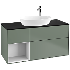 Villeroy und Boch Finion Waschtischunterschrank F942GFGM 120cm, Abdeckplatte black matt, Regale Glossy white lacquer, Olive Matt Lacquer