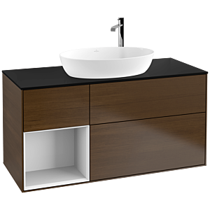Villeroy et Boch Finion Villeroy et Boch F942GFGN 120cm, plaque de recouvrement noir mat, étagères Laque blanche brillante, placage noyer
