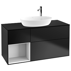 Villeroy et Boch Finion Villeroy et Boch F942GFPD 120cm, plaque de recouvrement noir mat, étagères laqué blanc brillant, laqué noir mat