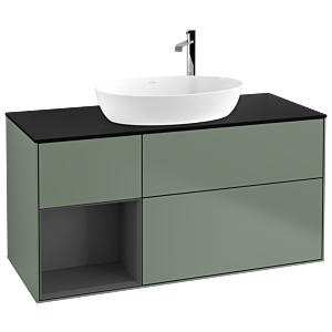 Villeroy und Boch Finion Waschtischunterschrank F942GKGM 120cm, Abdeckplatte black matt, Regale Anthracite matt lacquer, Olive Matt Lacquer