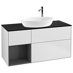 Villeroy und Boch Finion Waschtischunterschrank F942GKMT 120cm, Abdeckplatte black matt, Regale Anthracite matt lacquer, White matt lacquer