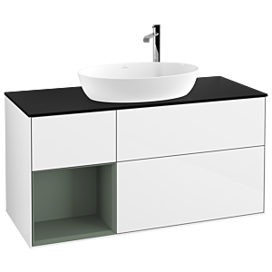 Villeroy und Boch Finion Waschtischunterschrank F942GMGF 120cm, Abdeckplatte black matt, Regale Olive matt lacquer, Glossy white lacquer