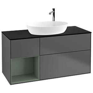 Villeroy und Boch Finion Waschtischunterschrank F942GMGK 120cm, Abdeckplatte black matt, Regale Olive matt lacquer, Anthracite matt