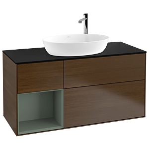Villeroy und Boch Finion Waschtischunterschrank F942GMGN 120cm, Abdeckplatte black matt, Regale Olive matt lacquer, Walnut veneer