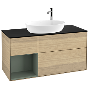 Villeroy und Boch Finion Waschtischunterschrank F942GMPC 120cm, Abdeckplatte black matt, Regale Olive matt lacquer, Oak Veneer