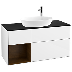 Villeroy und Boch Finion Waschtischunterschrank F942GNGF 120cm, Abdeckplatte black matt, Regale Walnut Veneer, Glossy white lacquer