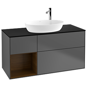 Villeroy und Boch Finion Waschtischunterschrank F942GNGK 120cm, Abdeckplatte black matt, Regale Walnut Veneer, Anthracite matt