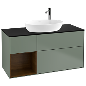 Villeroy und Boch Finion Waschtischunterschrank F942GNGM 120cm, Abdeckplatte black matt, Regale Walnut Veneer, Olive Matt Lacquer