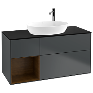 Villeroy und Boch Finion Waschtischunterschrank F942GNHG 120cm, Abdeckplatte black matt, Regale Walnut Veneer, Midnight Blue Matt Lacquer