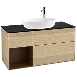 Villeroy und Boch Finion Waschtischunterschrank F942GNPC 120cm, Abdeckplatte black matt, Regale Walnut Veneer, Oak Veneer