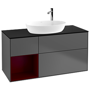 Villeroy und Boch Finion Waschtischunterschrank F942HBGK 120cm, Abdeckplatte black matt, Regale Peony matt lacquer, Anthracite matt
