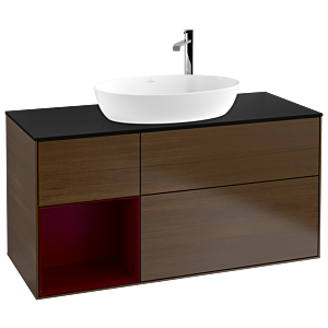 Villeroy und Boch Finion Waschtischunterschrank F942HBGN 120cm, Abdeckplatte black matt, Regale Peony matt lacquer, Walnut veneer