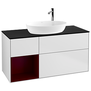 Villeroy und Boch Finion Waschtischunterschrank F942HBMT 120cm, Abdeckplatte black matt, Regale Peony matt lacquer, White matt lacquer