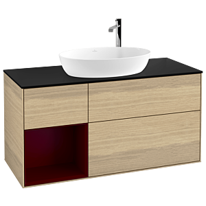 Villeroy und Boch Finion Waschtischunterschrank F942HBPC 120cm, Abdeckplatte black matt, Regale Peony matt lacquer, Oak Veneer