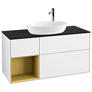 Villeroy und Boch Finion Waschtischunterschrank F942HFGF 120cm, Abdeckplatte black matt, Regale Gold matt lacquer, Glossy white lacquer