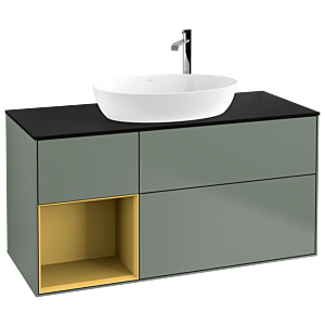 Villeroy et Boch Finion Villeroy et Boch F942HFGM 120cm, plaque de finition noir mat, étagères laqué or mat, Olive Matt Lacquer