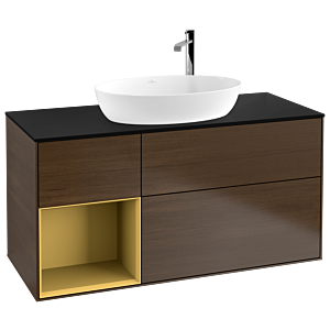Villeroy und Boch Finion Waschtischunterschrank F942HFGN 120cm, Abdeckplatte black matt, Regale Gold matt lacquer, Walnut veneer