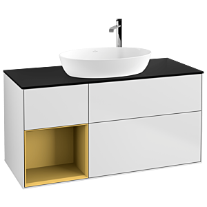 Villeroy und Boch Finion Waschtischunterschrank F942HFMT 120cm, Abdeckplatte black matt, Regale Gold matt lacquer, White matt lacquer