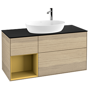 Villeroy und Boch Finion Waschtischunterschrank F942HFPC 120cm, Abdeckplatte black matt, Regale Gold matt lacquer, Oak Veneer