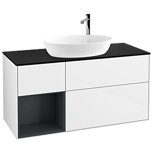 Villeroy und Boch Finion Waschtischunterschrank F942HGGF 120cm, Abdeckplatte black matt, Regale Midnight matt lacquer, Glossy white lacquer