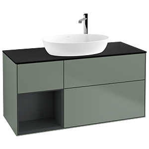 Villeroy und Boch Finion Waschtischunterschrank F942HGGM 120cm, Abdeckplatte black matt, Regale Midnight matt lacquer, Olive Matt Lacquer