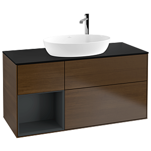 Villeroy und Boch Finion Waschtischunterschrank F942HGGN 120cm, Abdeckplatte black matt, Regale Midnight matt lacquer, Walnut veneer